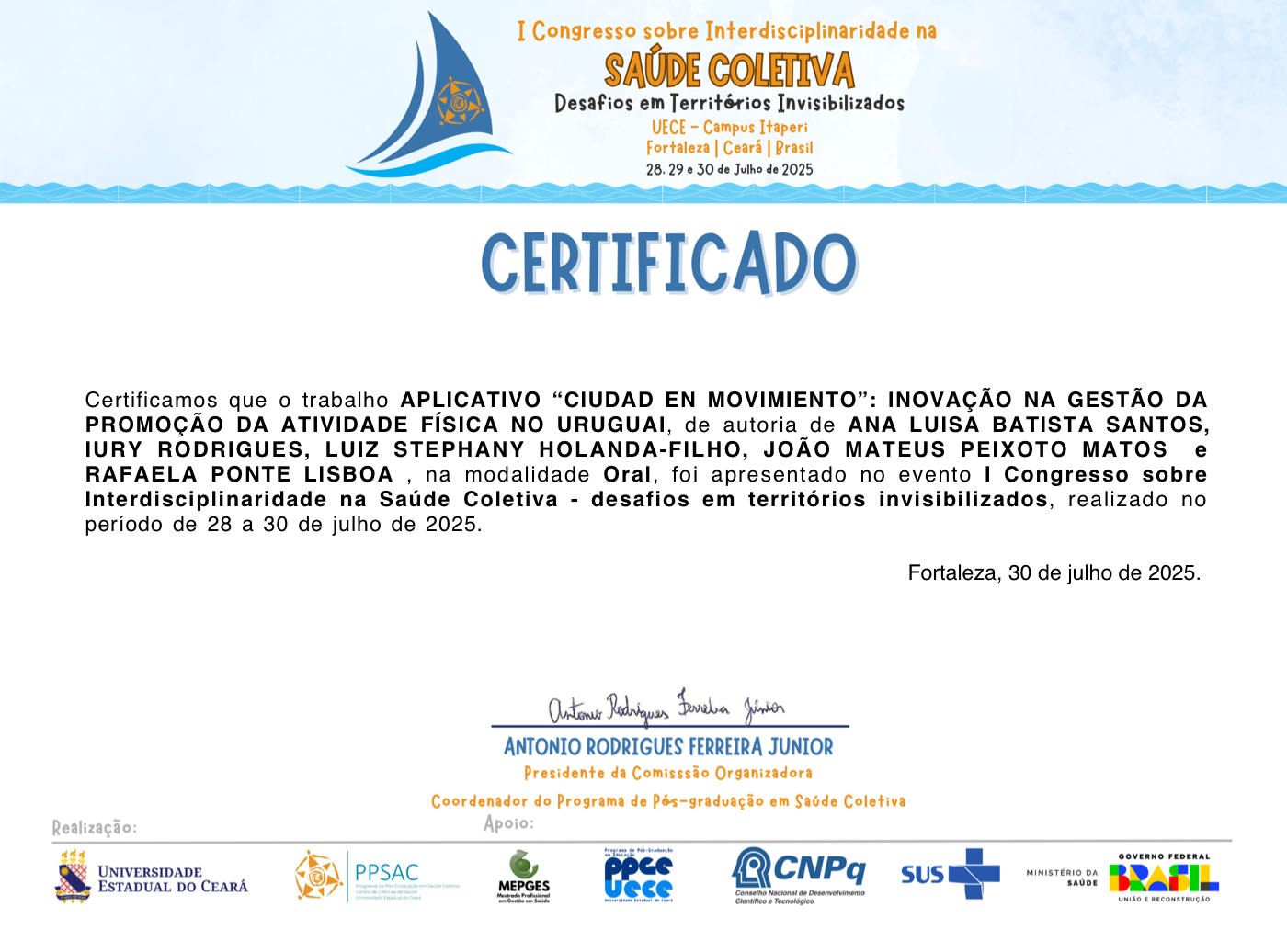 Certificado de artigo apresentado sobre o Ciudad en Movimiento